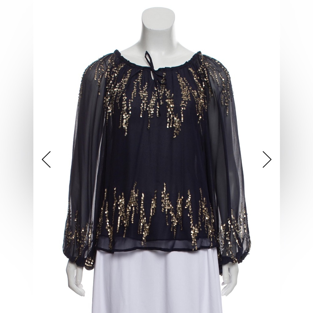 Parker Navy Silk Blouse with Gold Sequin Accents